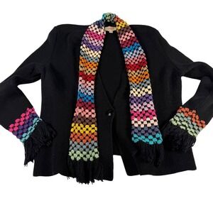 Vintage Moss Design Rainbow Crochet M/L‎  Black Cardigan 70s Boho Granny Cottage